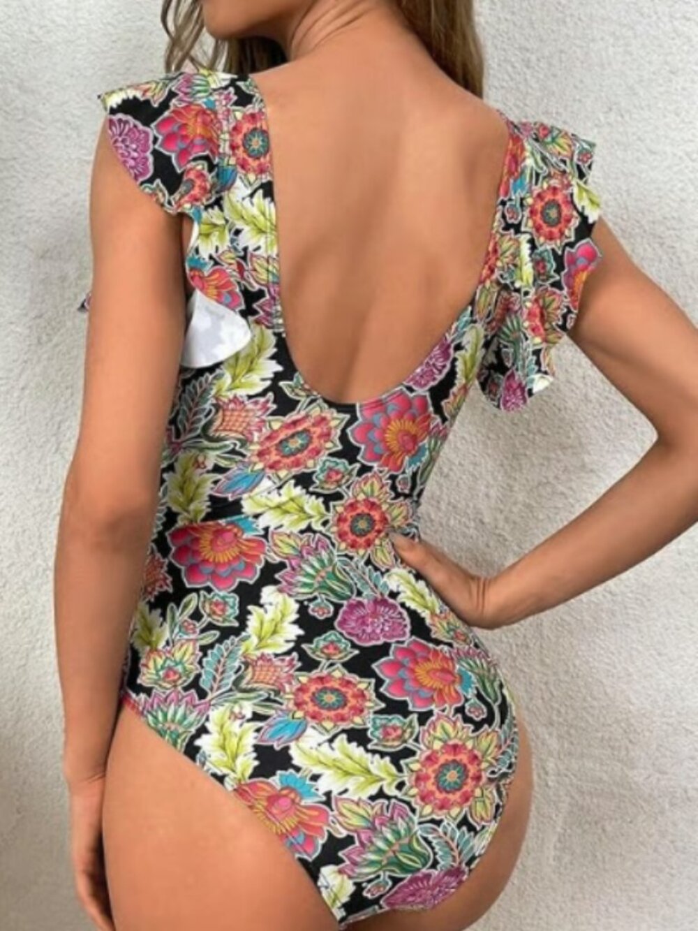NEW M Women's Floral Print Deep V Neck Ruffle Trim Bathing Suit 1pc Swimsuit - Picture 5 of 9